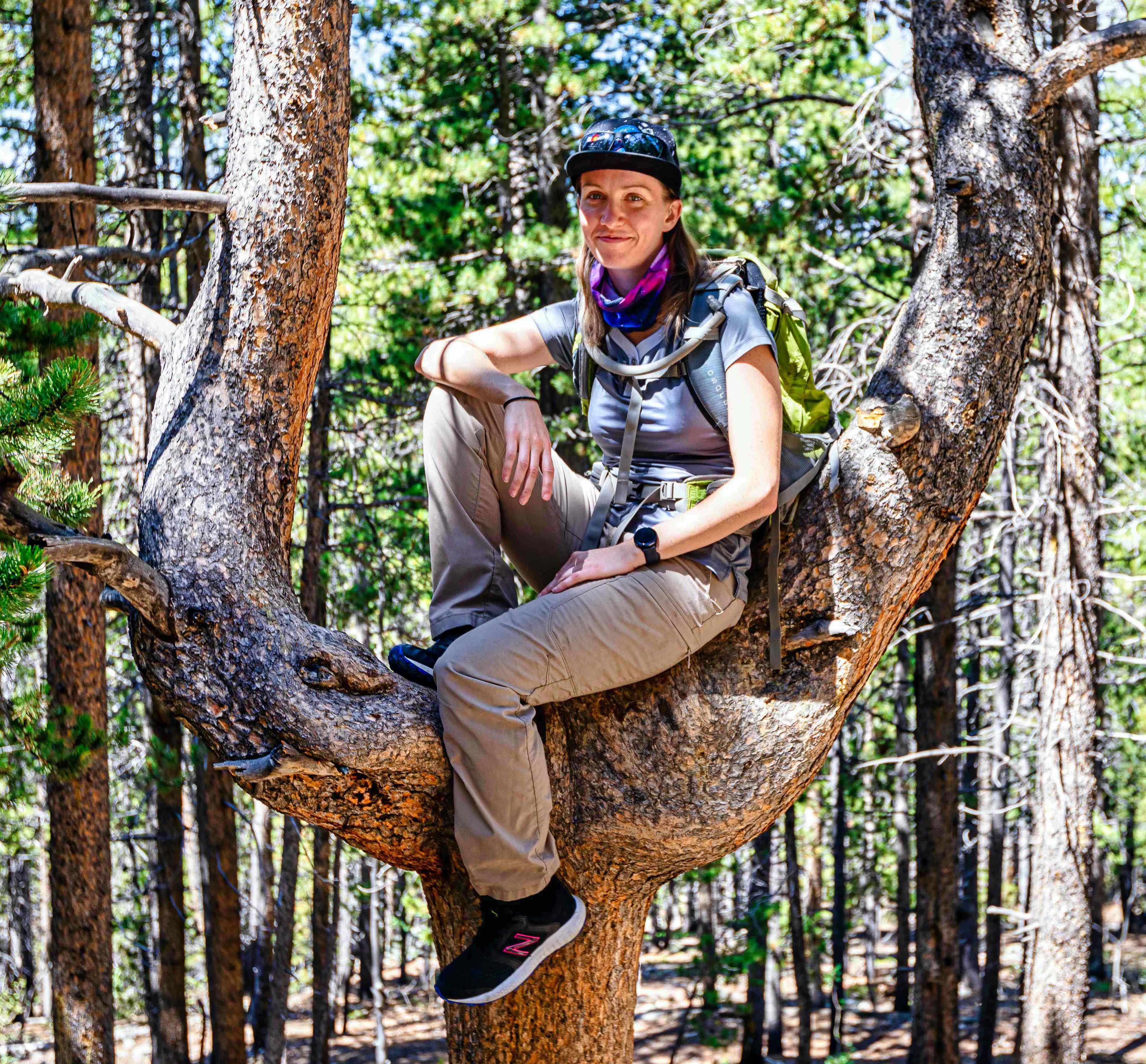 Photo of Jillian outdoors in a forest. Jillian is sitting on a large, curved tree branch that rises several feet above the ground. They are facing slightly to the right with their body angled toward the camera. They are wearing a gray short‑sleeve shirt, tan hiking pants, black shoes, a black baseball cap, and a purple neck gaiter around their neck. They have a green backpack with visible shoulder straps. Their hands rest on the branch for balance. The forest around them is filled with tall pine trees, and sunlight filters through the branches, creating bright patches on the ground. The setting appears calm and natural, with no other people or objects visible. The photo captures a moment of rest during a hike, showing Jillian in a stable seated position on the branch, surrounded by trees and natural light.